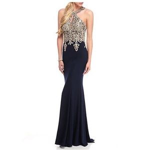 Xscape Embroidered Mesh Halter Gown